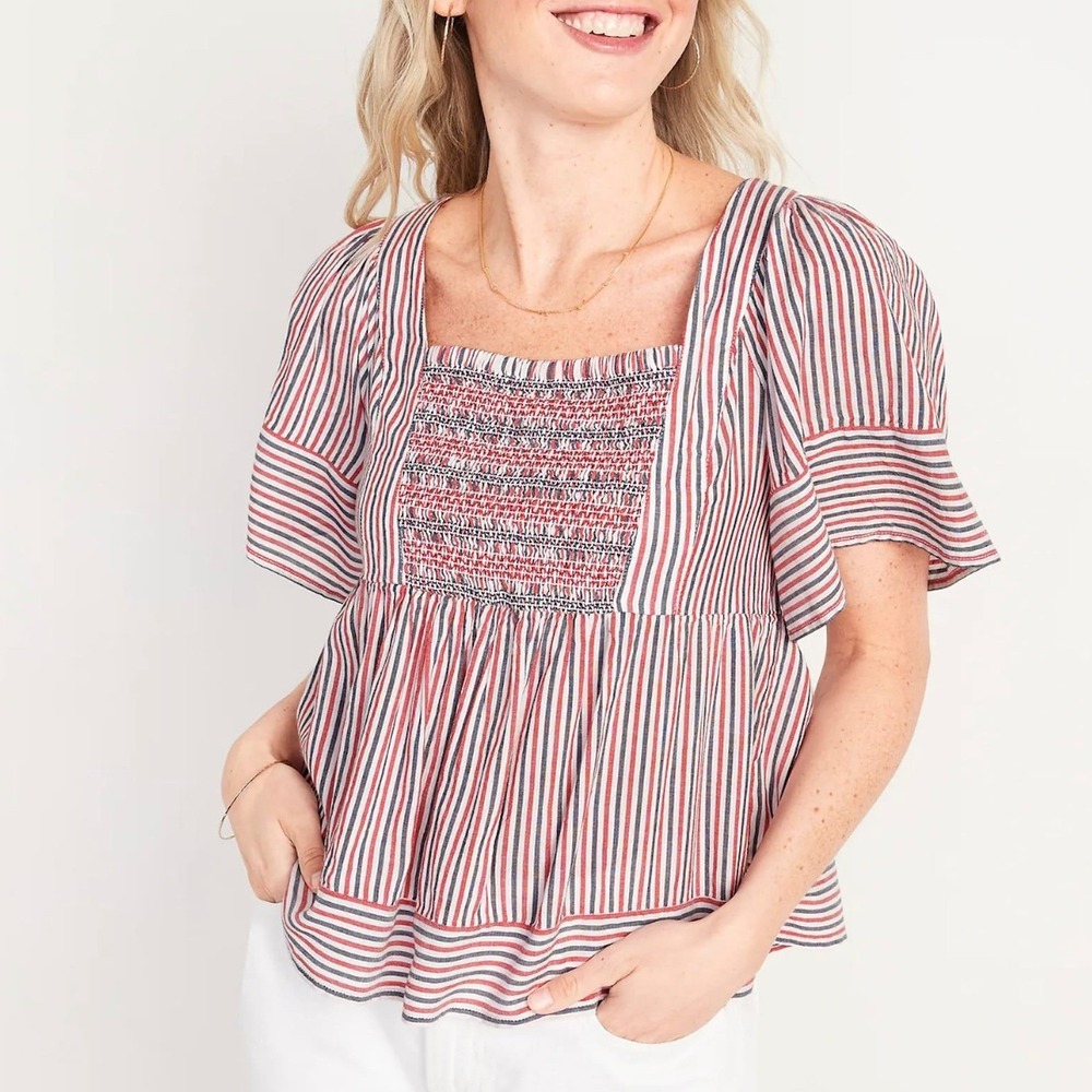 Old Navy XL Tall Red White Gray Babydoll Smocked Flutter Sleeve Blouse Stripe